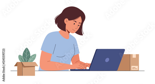 Woman using laptop at home with plant and boxes in flat vector illustration