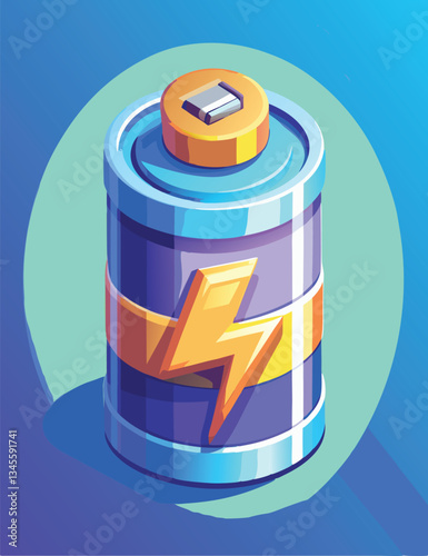 3D battery charge level indicator  design showcasing energy capacity and electric symbol.  showing battery status in a graphic design style against a colorful background. vector graphics design.