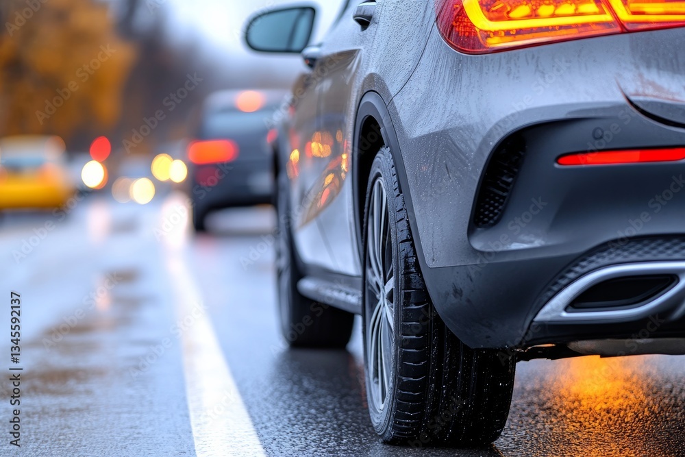 sleek car on wet road during rainy evening sleek car on wet road during rainy evening