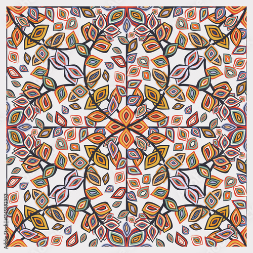 A vibrant, symmetrical pattern featuring colorful, abstract leaves arranged in a floral design on a light background.