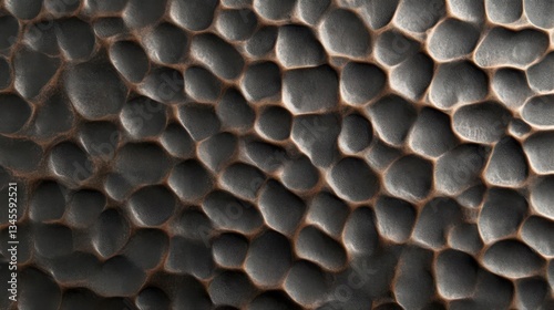 Close-up view of textured metal surface with a hammered pattern showcasing shadows and highlights
