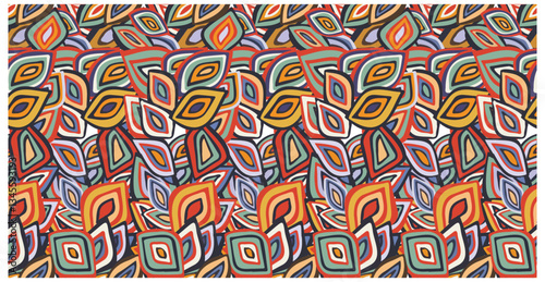Colorful abstract patterned leaves in red, orange, green, and purple, creating a vibrant, layered design against a light background.

