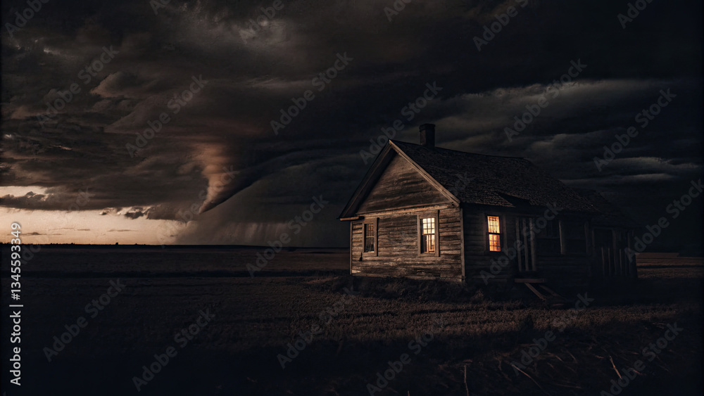 A lonely house stands in an open plain as a tornado looms, symbolizing human fragility and the raw, unpredictable power of nature. A lonely house stands in an open plain as a tornado looms, symbolizing human fragility and the raw, unpredictable power of nature.