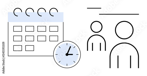 Calendar with clock icon alongside user outlines, signaling time planning and teamwork coordination. Ideal for productivity, teamwork, appointments, scheduling, business organization, time tracking