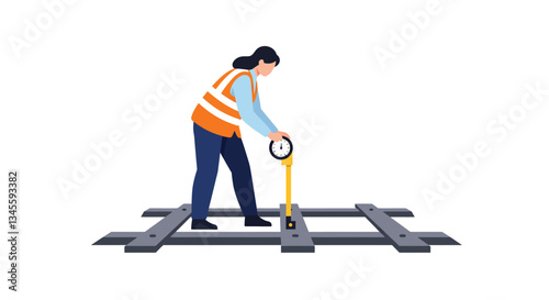 Worker measuring railway tracks in flat and minimal vector art illustration