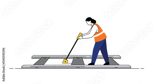 Worker using a tool to align train tracks in minimal vector art