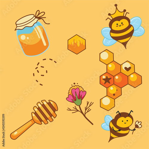 A cute vector illustration featuring a bee and honey theme in a cartoon style. The image includes adorable bees with blue wings, hexagonal honeycombs with decorative elements.