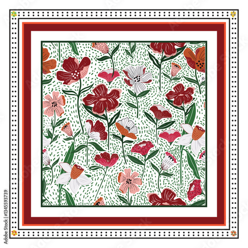 square dotted texture with red and pink flowers placement, It could be used as a wallpaper, fabric design, pillow cover, curtains or other decorative elements.