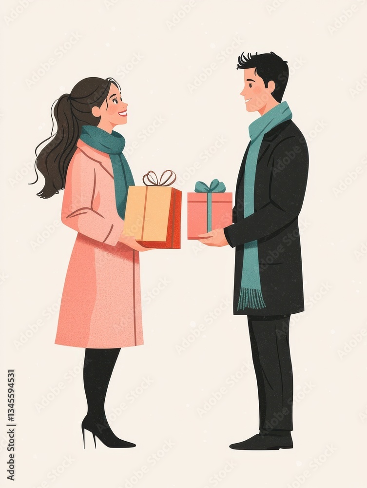 Obraz premium Young caucasian couple exchanging gifts in winter attire