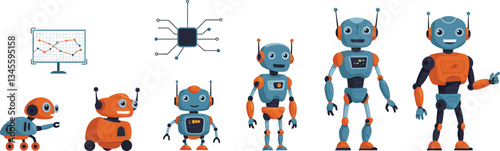 Robot evolution sequence in flat design showcasing progress from simple to advanced vector illustration