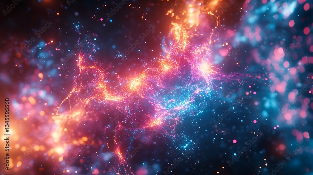A luminous quantum core sparking with dynamic energy flows, vibrant neon pathways glowing in blue and magenta hues, intricate circuits illuminated by the radiant bursts,