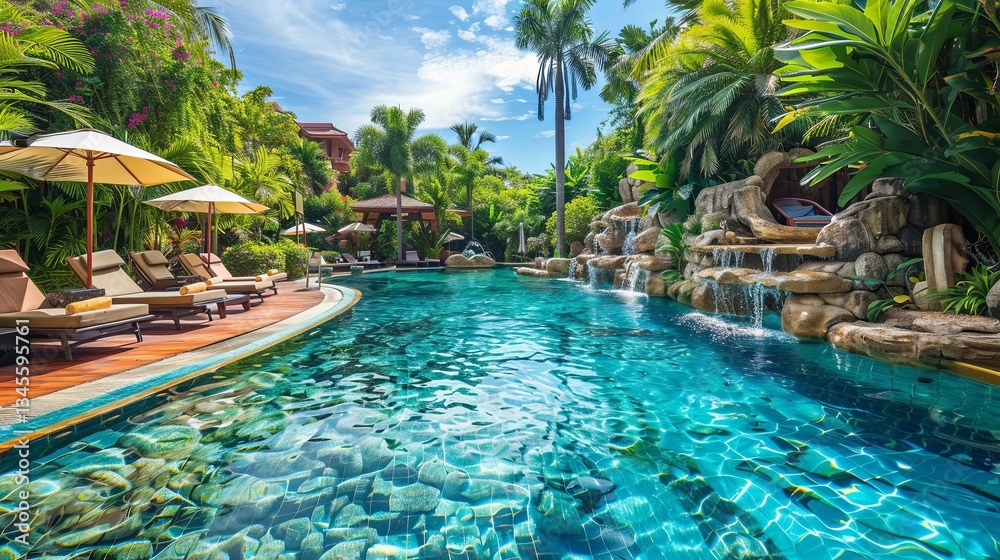 Exotic resort featuring a crystal clear pool surrounded by lush greenery and comfortable loungers Generative AI Exotic resort featuring a crystal clear pool surrounded by lush greenery and comfortable loungers Generative AI
