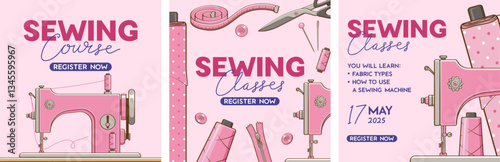 Sewing classes or sewing course flyer poster vector illustration set with replaceable text