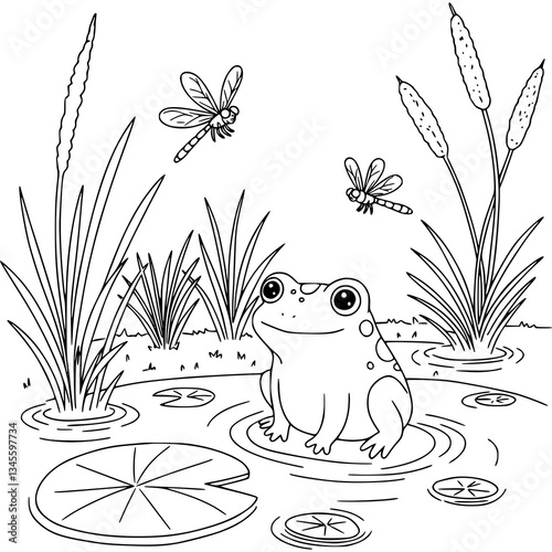 Frog drawing illustration in pond, coloring book