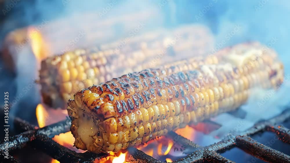 Grilled corn on the cob, with charred kernels glistening from butter, resting on a grill over hot coals.