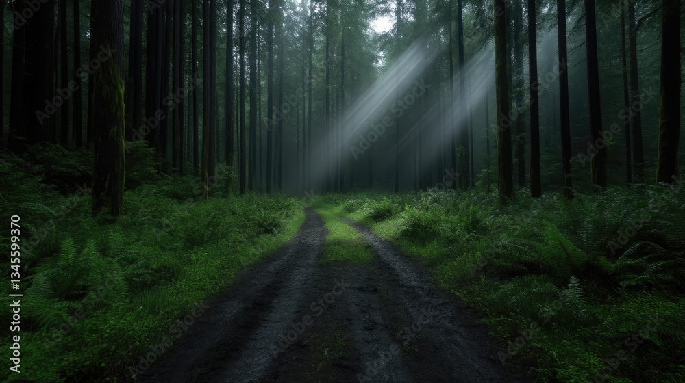 Fototapeta premium Sunbeams piercing a misty forest path