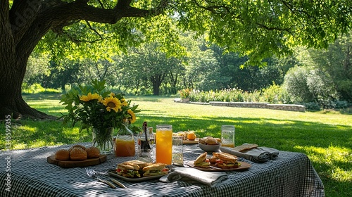 A picture of a cozy summer picnic with friends, sandwiches, and iced drinks under a shady tree
