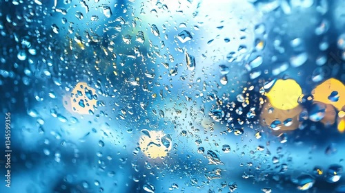 A close-up view of raindrops on a window, creating a blurred effect with soft lighting in the background.