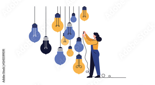 Woman adjusting colorful hanging light bulbs in flat vector art