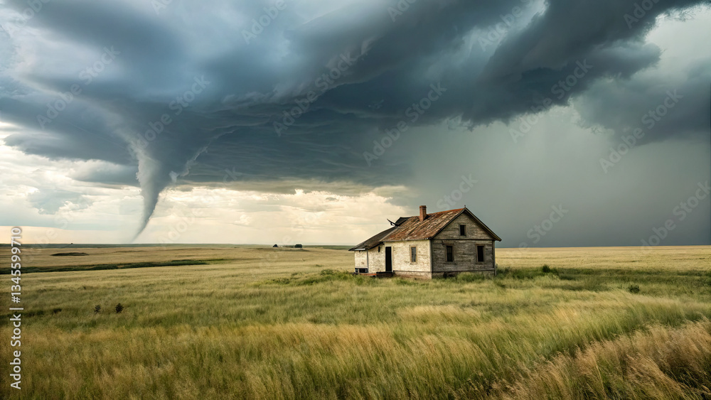 A lonely house stands in an open plain as a tornado looms, symbolizing human fragility and the raw, unpredictable power of nature.