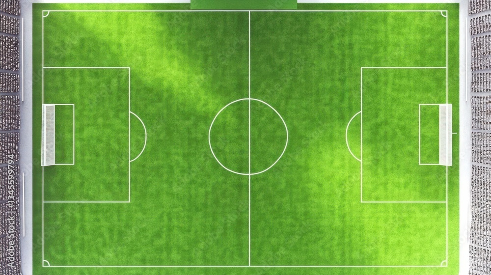 Aerial view of a pristine soccer field with goals, surrounded by a vibrant urban landscape Aerial view of a pristine soccer field with goals, surrounded by a vibrant urban landscape