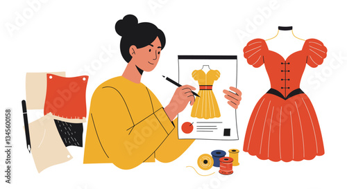 Fashion designer illustrating dress ideas in flat style vector art