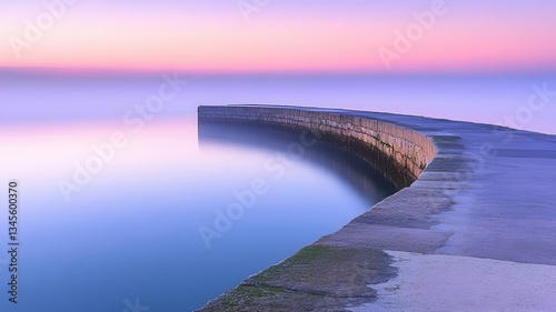 A lone figure standing at the edge of a misty pier, soft ripples in the water reflecting the subdued morning light