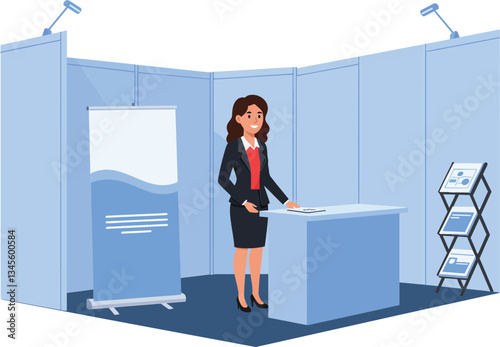 Professional businesswoman at trade show booth in flat vector art