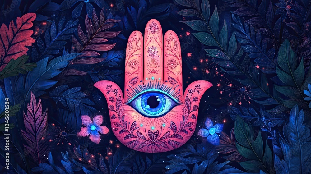 Obraz premium A pink Hamsa hand protecting from the evil eye, surrounded by blue leaves and magical stars.
