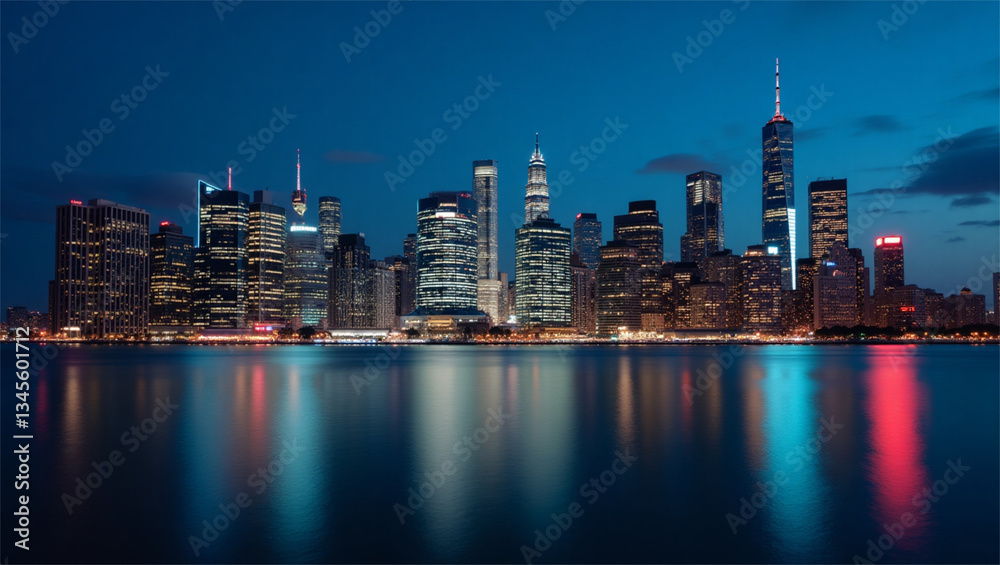Obraz premium Night city skyline with illuminated skyscrapers reflecting on calm water