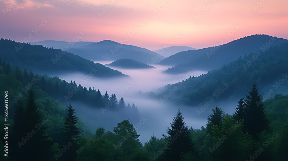 Obraz premium Misty sunrise valley, mountain landscape, scenic view, travel poster