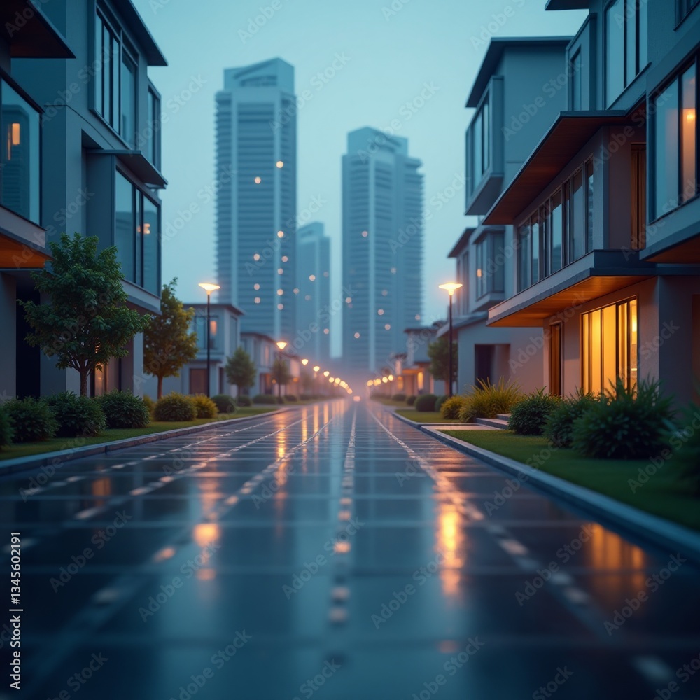 Obraz premium A serene city street at dusk, with modern buildings and a wet road reflecting the soft light of street lamps