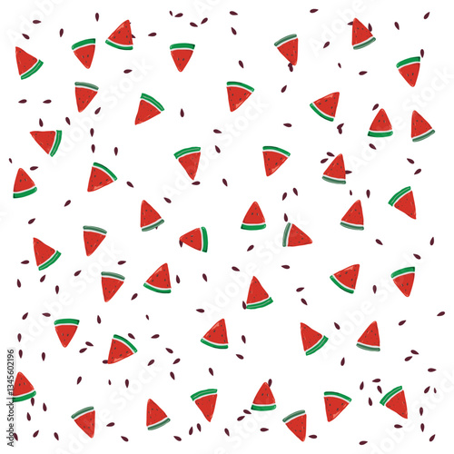 A playful pattern of watermelon slices and seeds scattered on a white background, creating a fresh and summery vibe.