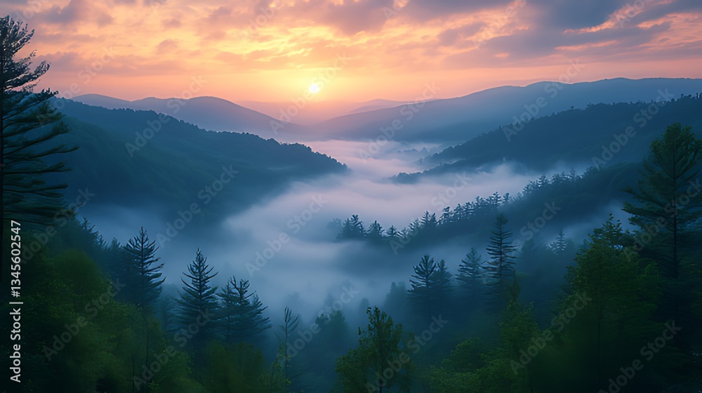 Obraz premium Sunrise Mountain Valley Foggy Landscape