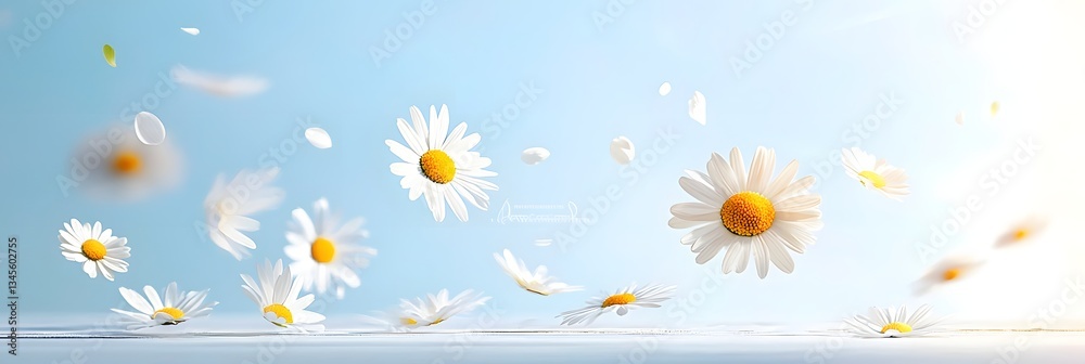 Obraz premium Whimsical background featuring a gentle dance of delicate daisy petals floating in a serene soft light