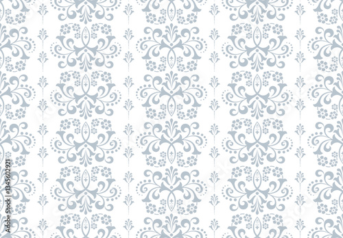 Wallpaper in the style of Baroque. White and gray floral ornament. Seamless vector background. Graphic pattern for fabric, wallpaper, packaging. Ornate Damask flower illustration