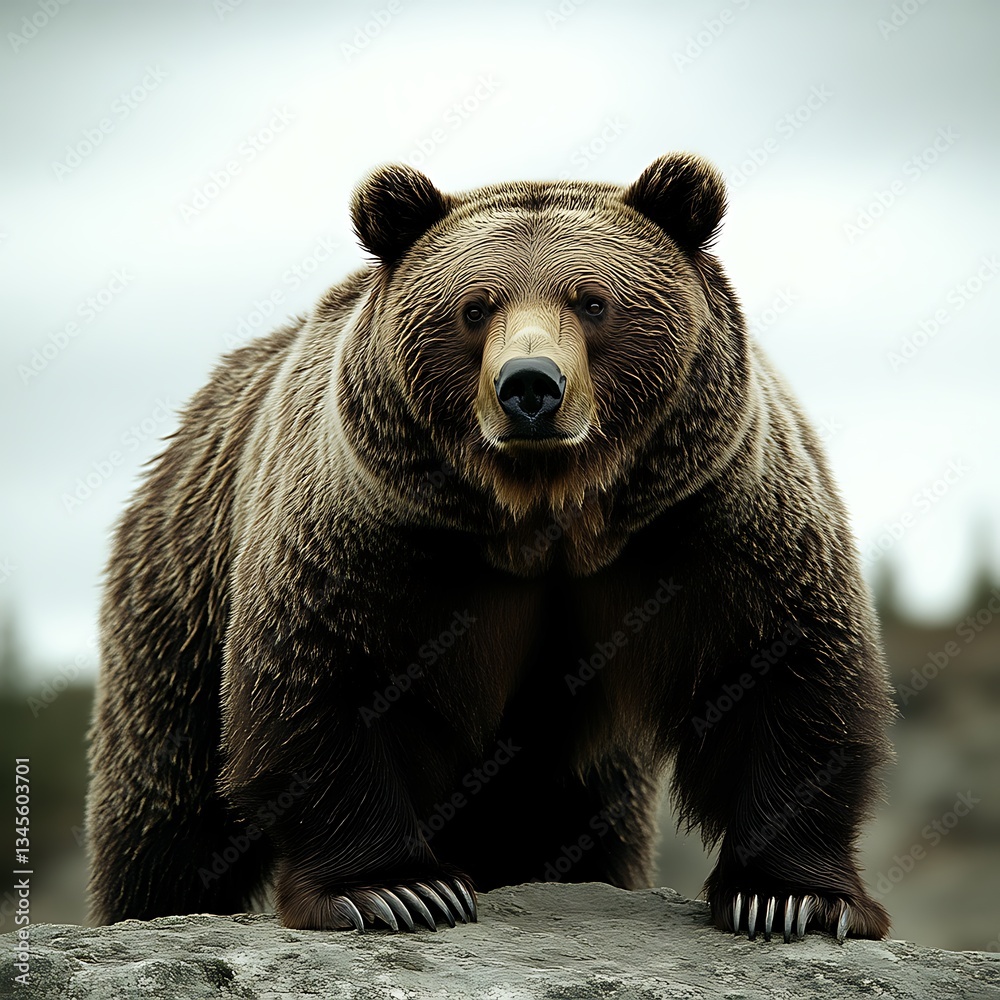 Obraz premium Grizzly Bear on Rock for Wild Nature Portrait.