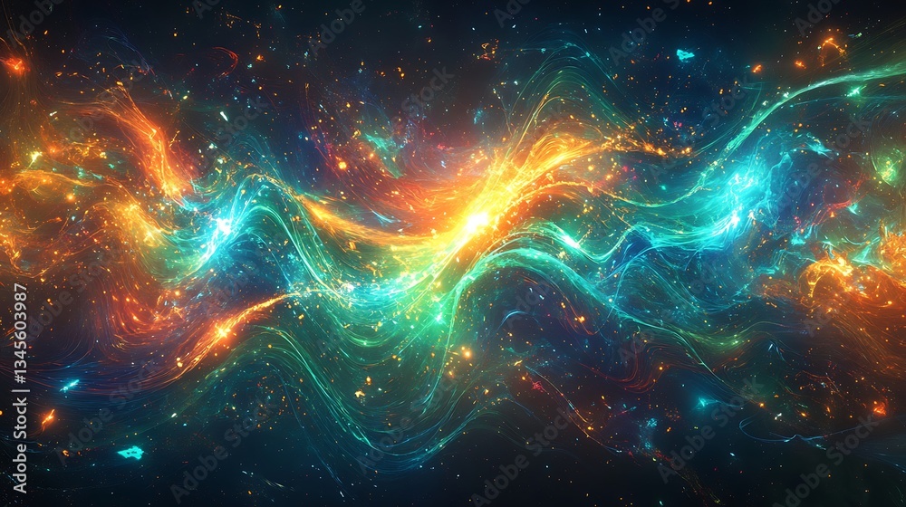 An abstract quantum cascade, intricate circuits flowing dynamically in a wave pattern, vibrant neon blue and green light illuminating the design, An abstract quantum cascade, intricate circuits flowing dynamically in a wave pattern, vibrant neon blue and green light illuminating the design,