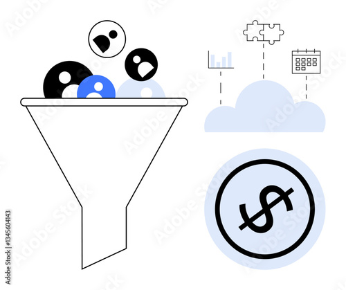 Icons of users entering a funnel, connecting to cloud processing with data, puzzle, calendar icons, and resulting in a dollar sign. Ideal for marketing, analytics, lead generation, sales data