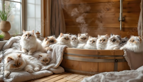 Adorable Himalayan Kittens Relaxing in a Wooden Hot Tub