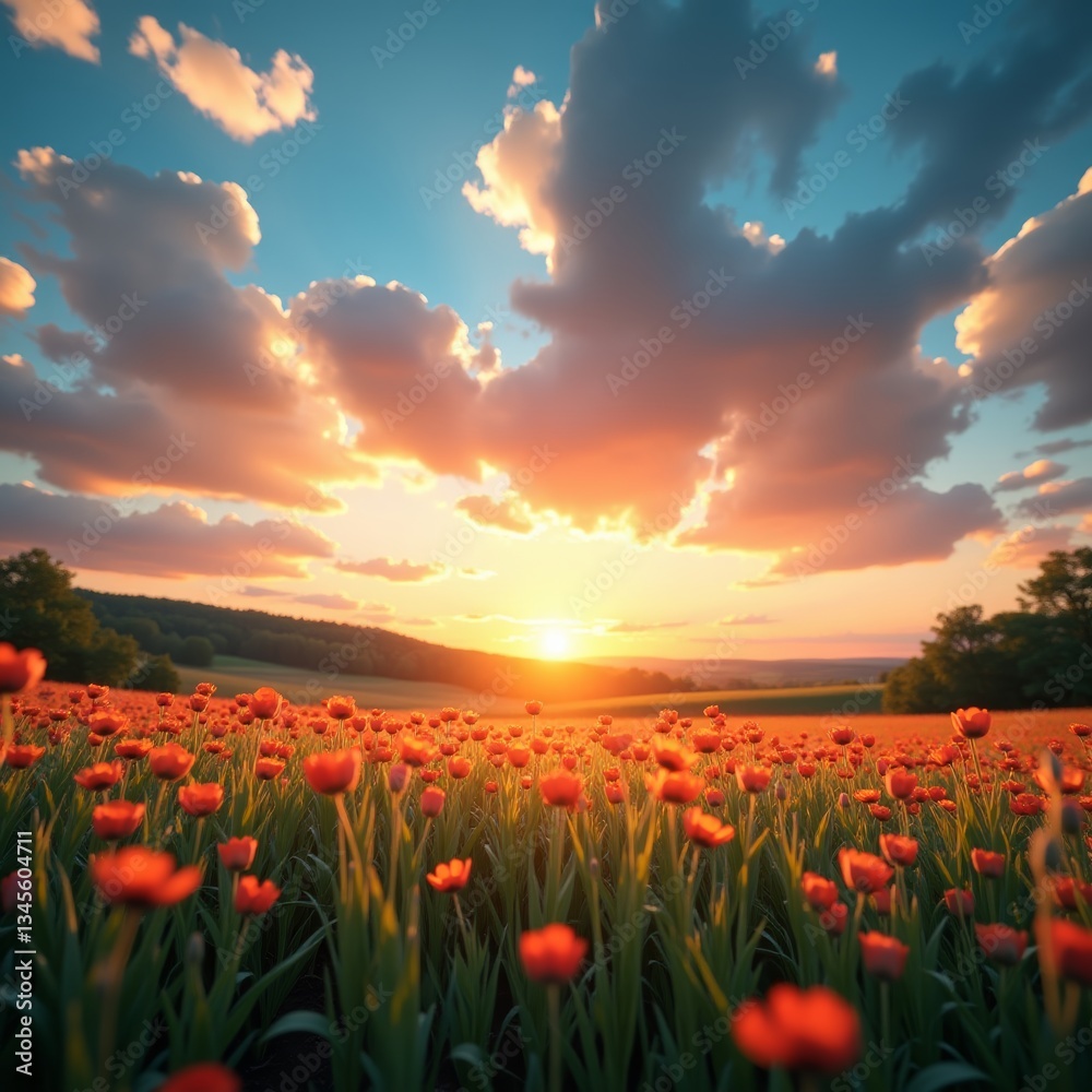 Obraz premium A vibrant tulip field at sunset, bathed in golden light, with the sun's rays filtering through the blooms