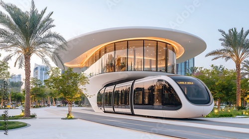 Modern Tram Station with Palm Trees, and City.
