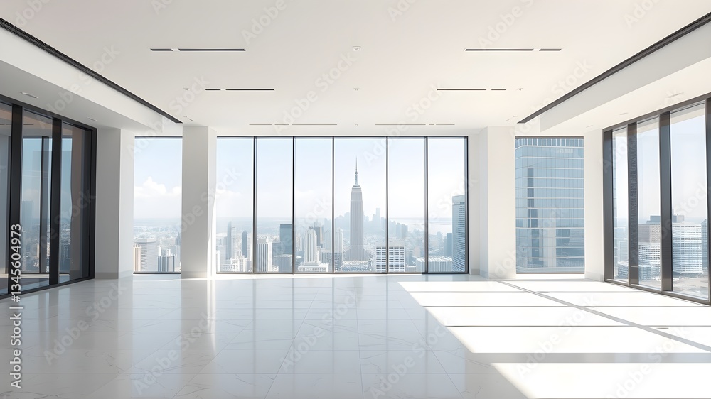 Fototapeta premium empty open plan interior with large windows with megalopolis view with a whitish white tone