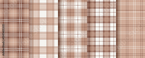 Check seamless pattern. Plaid brown background. Gingham shirt cloth. Set tartan fabric prints. Flannel table cloth textures. Lumberjack checkered textile. Mocha Mousse tablecloth. Vector illustration