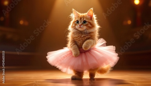Adorable Ginger Kitten in Pink Tutu Dancing on Stage
