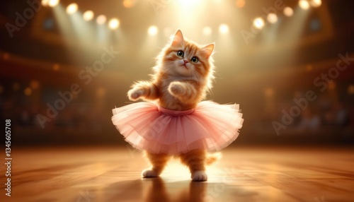 Adorable Kitten Ballerina in Pink Tutu on Stage