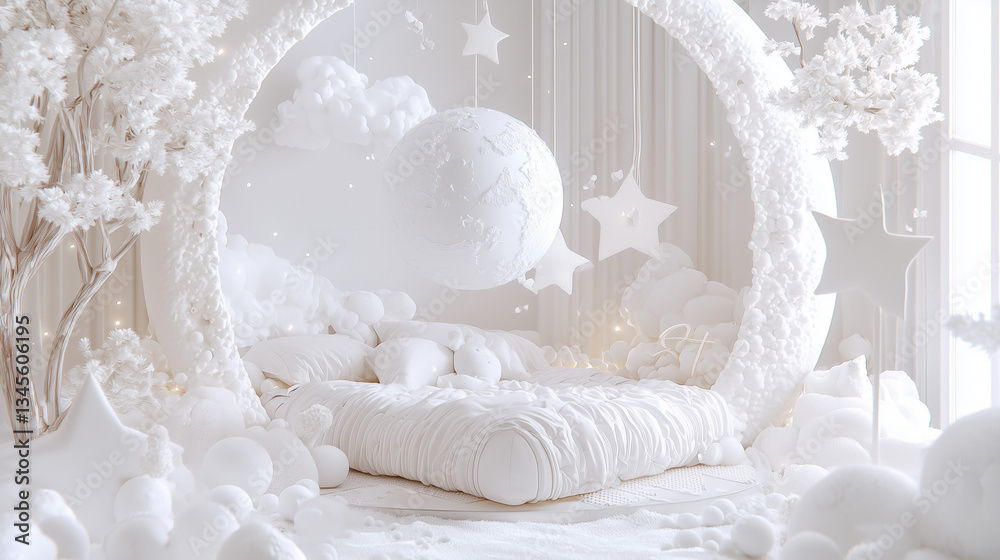 Fototapeta premium Dreamscape Bedroom: A surreal bedroom design evokes a sense of wonder and tranquility. The serene scene features a floating moon, star accents, and a crescent moon-shaped bed.