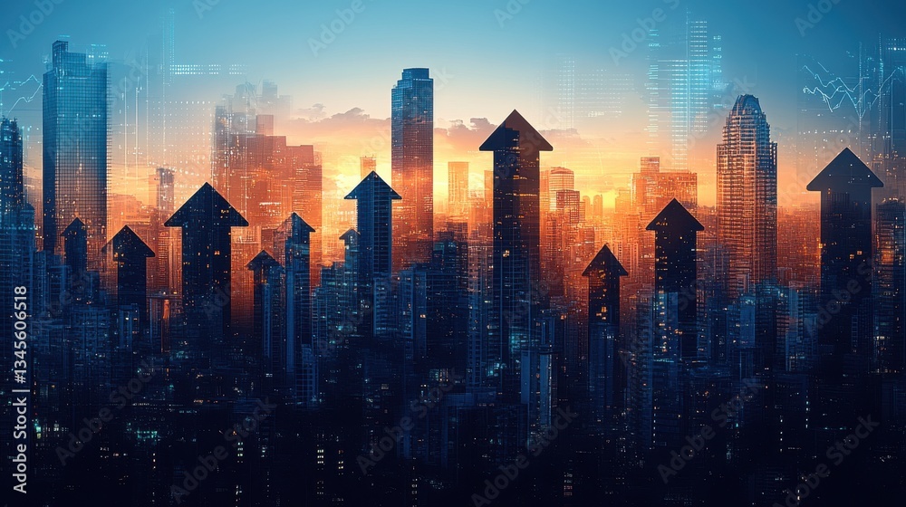 Fototapeta premium successful growth companies booming economy and good business performance many arrows on background of many graphs and tall buildings