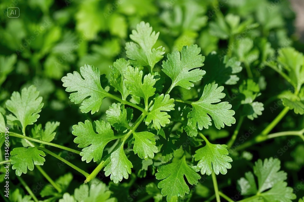 Photograph of a bunch of coriander, highlighting the natural appearance and the leafy texture Photograph of a bunch of coriander, highlighting the natural appearance and the leafy texture