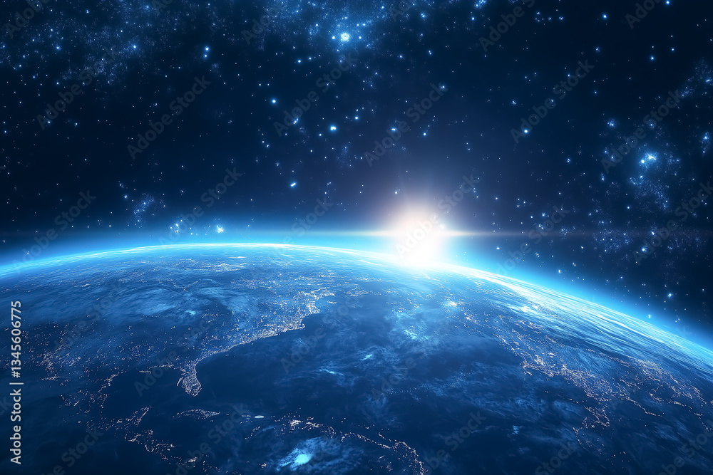 Fototapeta premium A digital image of a sunrise over Earth from space, capturing a cosmic and futuristic feel. Perfect for sci-fi and conceptual visuals.